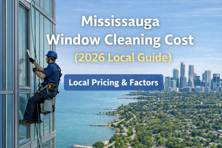 Picture of window cleaner on a high building looking at Mississauga and lake front