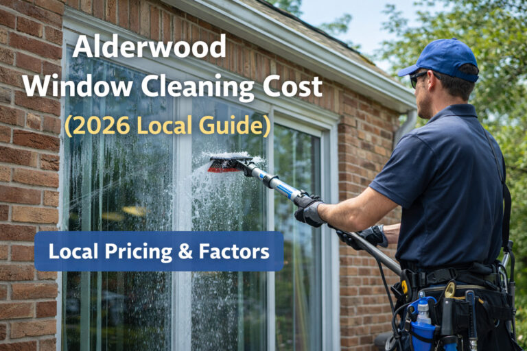 Picture of man cleaning windows in Alderwood, and this is a price guide for window cleaning.