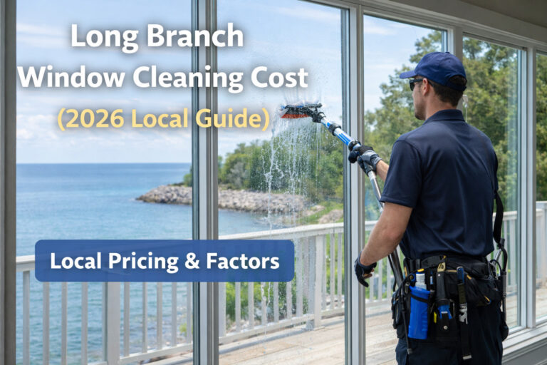 Long Branch Window Cleaning Price Guide with image of Skypole worker cleaning a window overlooking the Lake