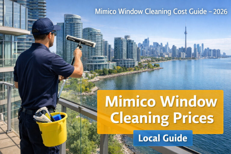 Window cleaning price guide Mimico. Man cleaning windows of condo building in Mimico.