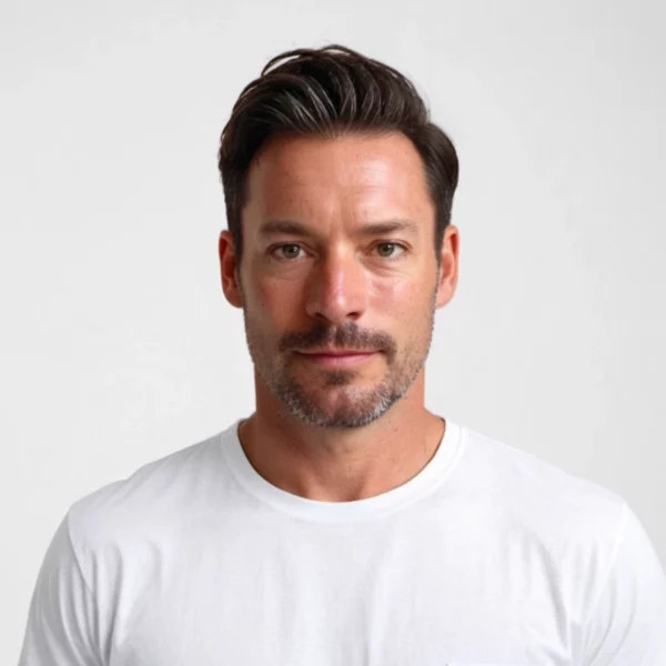 Man with beard in white t-shirt, neutral background.